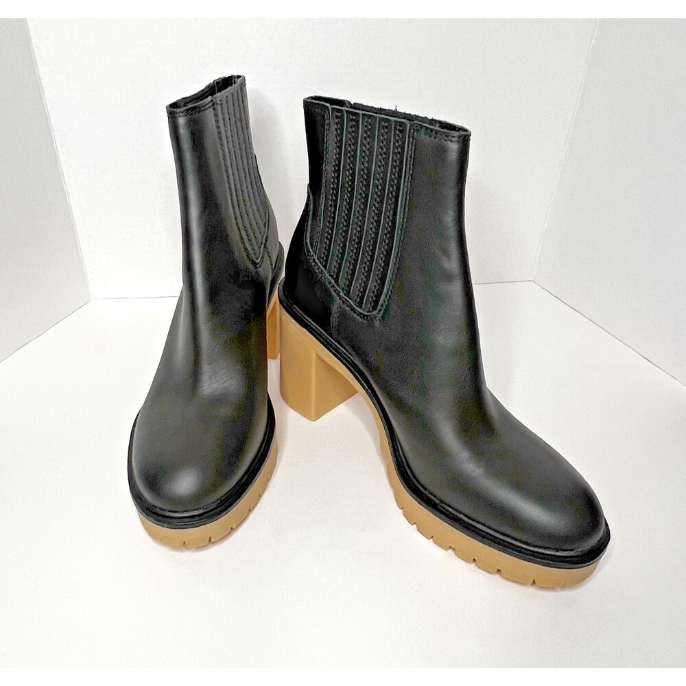 Dolce Vita Black Leather Lug Sole Chelsea Boots Block Heel Women’s Size 9.5